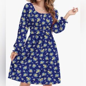 A-line Puff Sleeve Dress Blue Flowery Size XXL